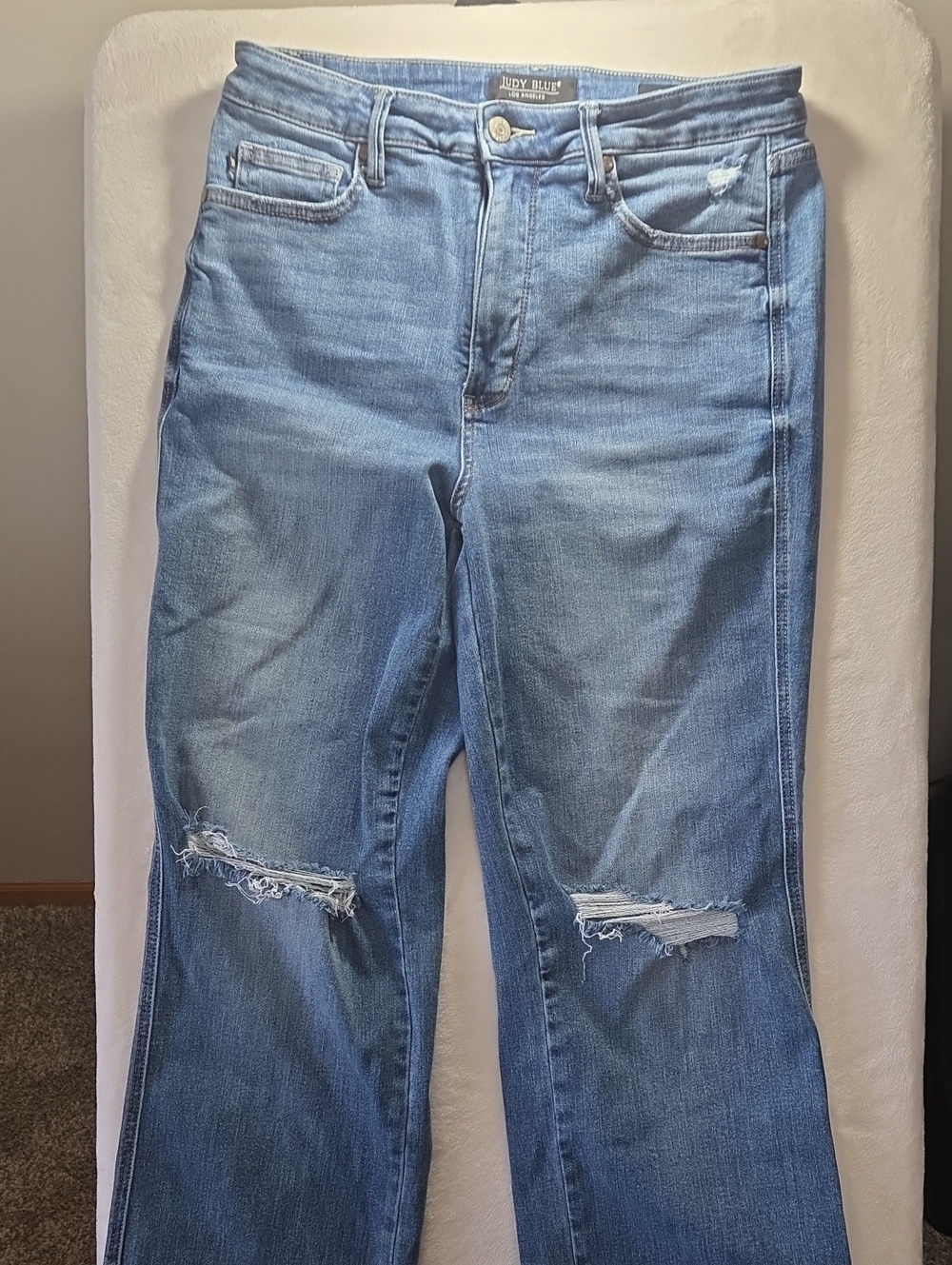 Judy Blue Medium Light Blue Distressed Straight Jeans